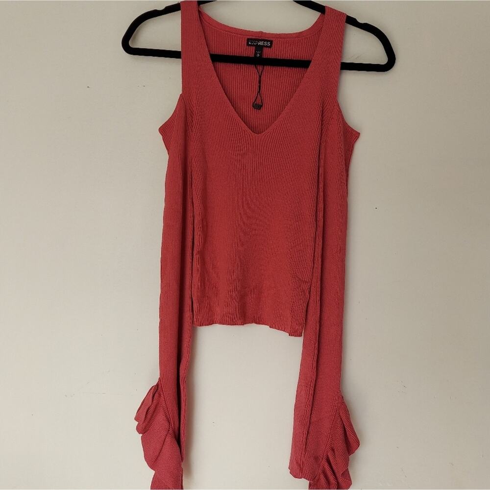 Express Sweater Top Womens XS Pink V-Neck Cold Shoulder Ruffle Sleeve